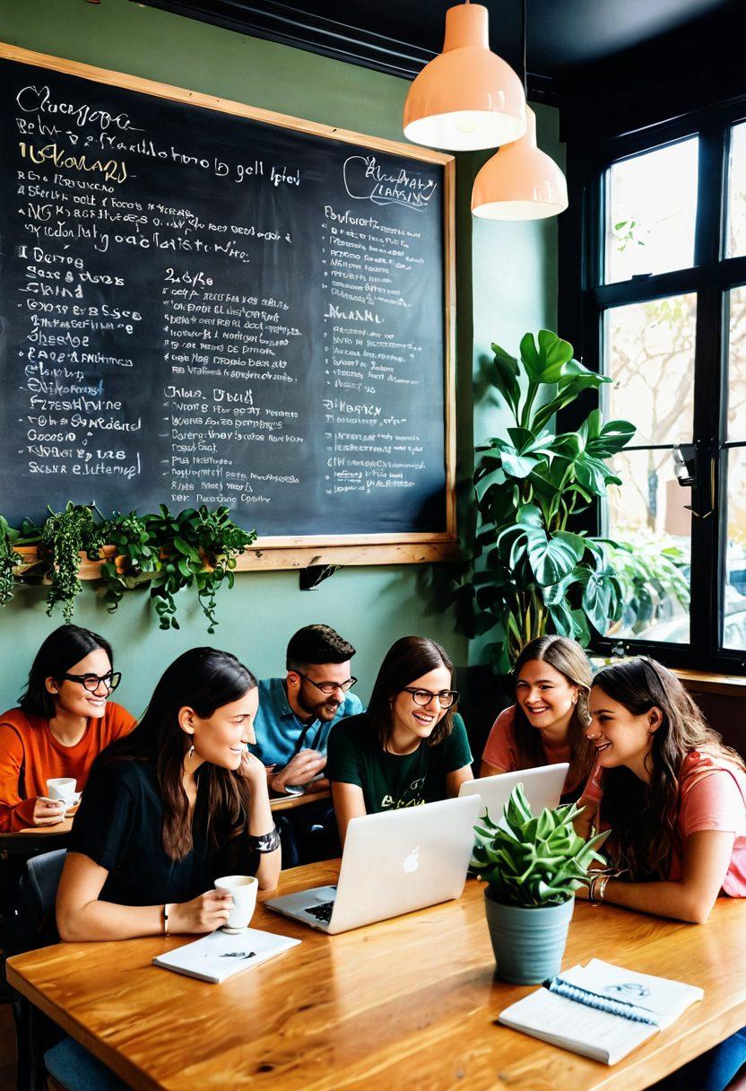 A diverse group of enthusiastic bloggers, sitting together in a cozy coffee shop, sharing ideas on their laptops and discussing strategies for success. There are vibrant plants around, coffee cups on the table, and a chalkboard with inspiring quotes in the background. The scene captures the essence of collaboration and community in the blogging world. super-realistic. warm colors. vibrant illustrations.
