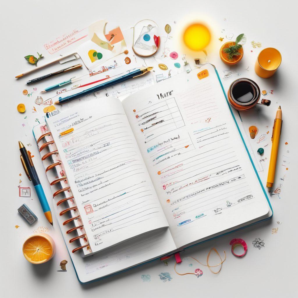 A beautifully constructed digital diary interface filled with vibrant designs and creative layouts. Surround the diary with various blogging tools like a laptop, camera, and sketches of blog ideas. Incorporate whimsical elements like floating notes and lightbulbs representing ideas. The background should be light and inspiring, radiating creativity and passion for blogging. super-realistic. vibrant colors. white background.