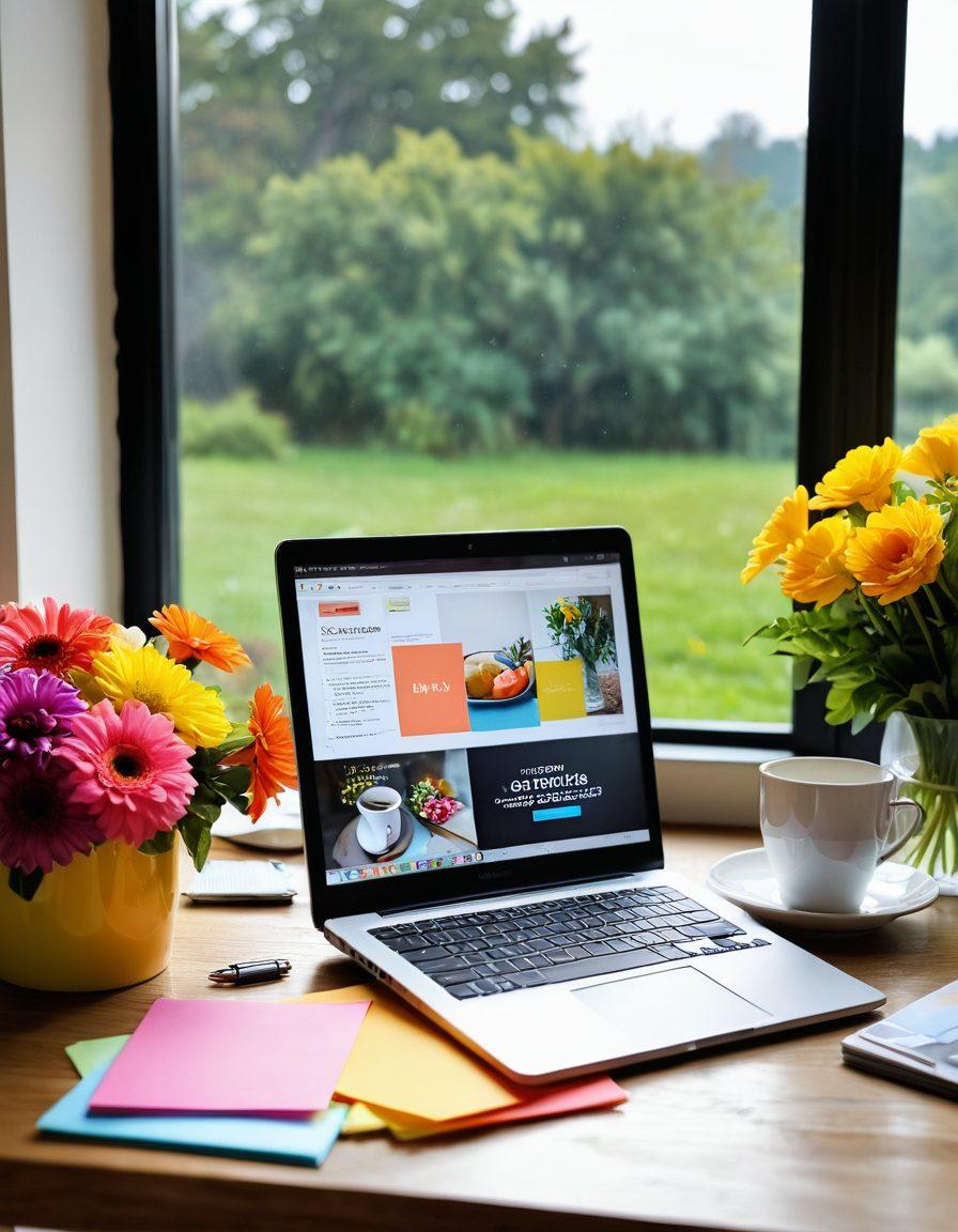 A creative workspace featuring a laptop open to a vibrant blog page surrounded by colorful sticky notes, a steaming cup of coffee, and a bouquet of fresh flowers. In the background, a large window reveals a sunny landscape, hinting at inspiration outside. The scene conveys a sense of productivity and warmth, inviting readers to dive into engaging content creation. bright colors. cozy atmosphere. super-realistic.